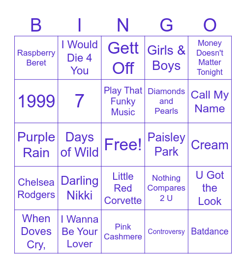 PRINCE SONGS Bingo Card