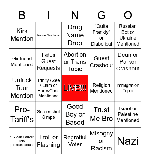 Parker/Dean Live Streams Bingo Card