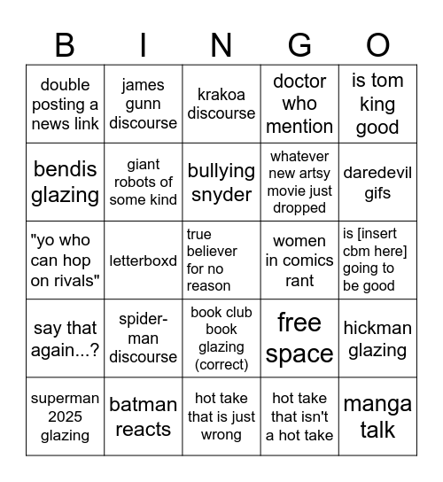what is the comic book club talking about Bingo Card