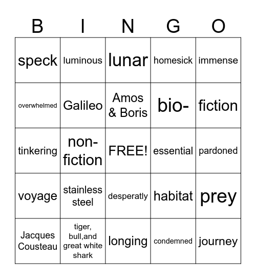 Language Arts Bingo Card