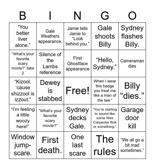 Scream: Movie Bingo Card