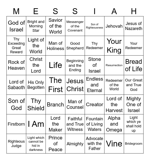 Names of Christ Bingo Card