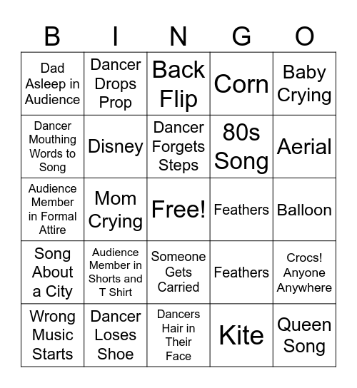 Dance Recital Bingo Card