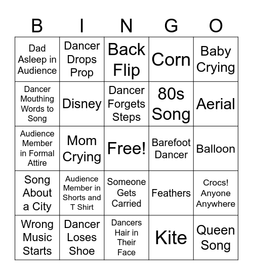 Dance Recital Bingo Card