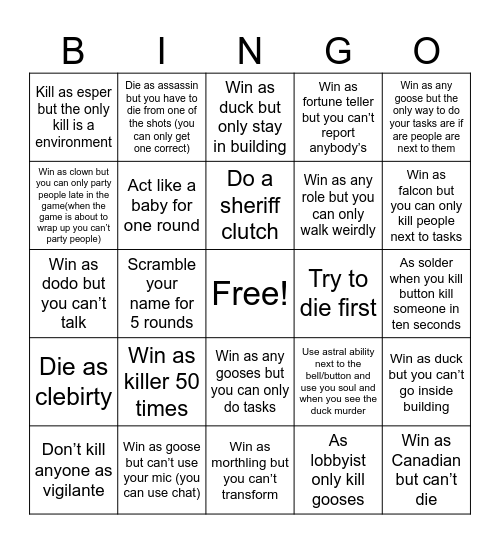 Goose goose duck Bingo Card