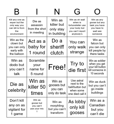 Goose Goose Duck Bingo Card