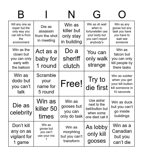 Goose Goose Duck Bingo Card