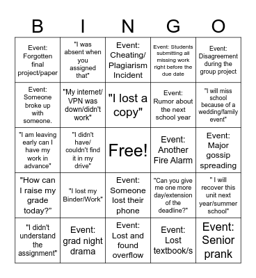 End of The School Year Teacher Bingo Card