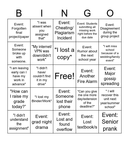 End of The School Year Teacher Bingo Card
