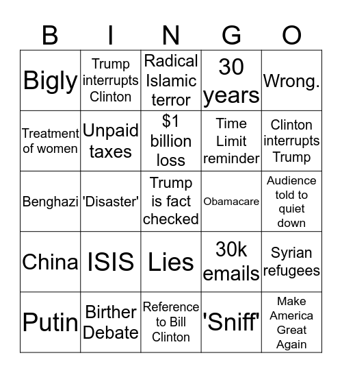 2016 Presidential Debate Bingo Card