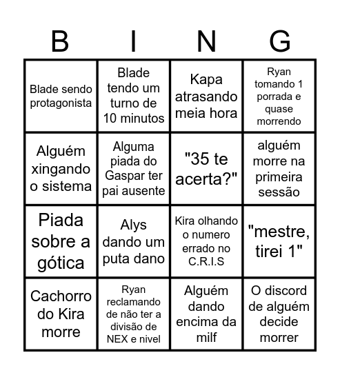 Bingo do RPG Bingo Card