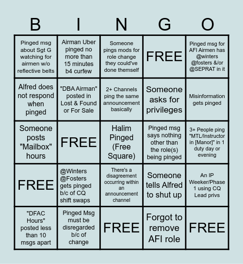 338 PING KNIGHTS BINGO Card