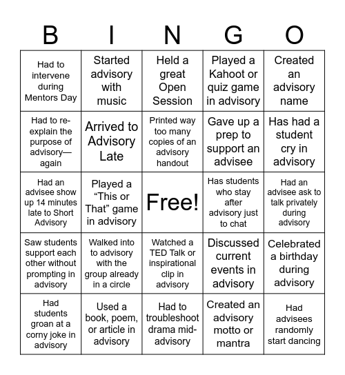 Adviosry Bingo Card
