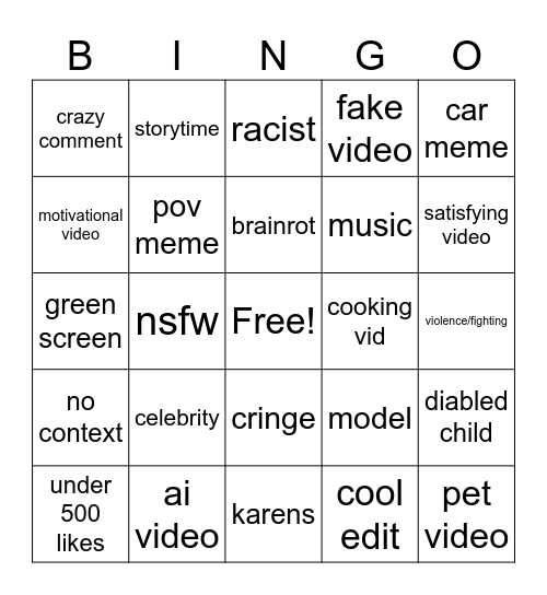 instagram reels bingo Card