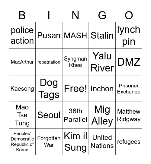 Korean War Bingo Card
