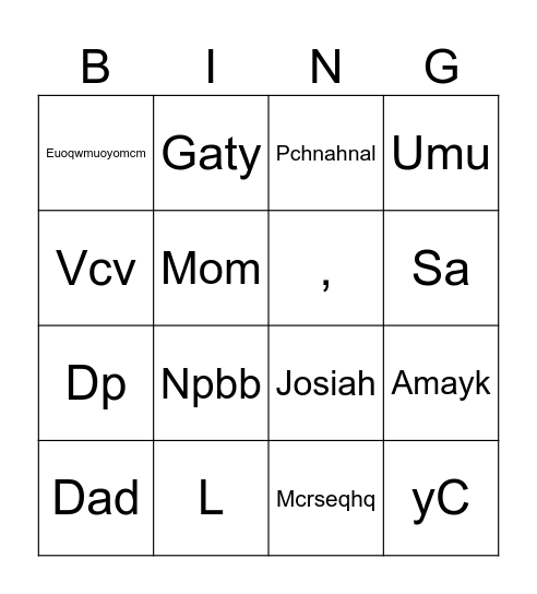 Cartoon L Bingo Card