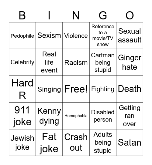 South Park Bingo Card