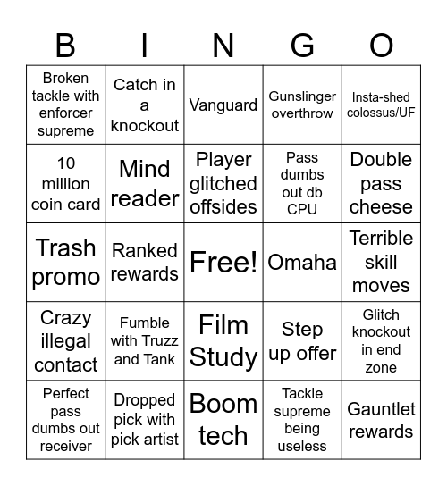 Madden 25 Bingo Card