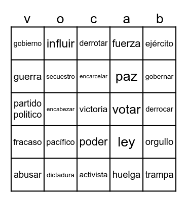 Spanish Unit 6 Bingo Card