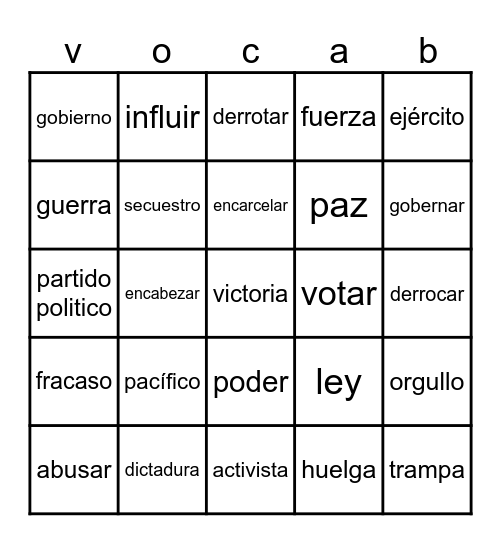 Spanish Unit 6 Bingo Card