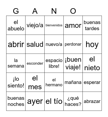 Spanish 1 Gano Bingo Card