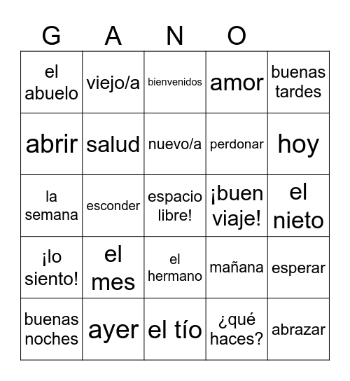 Spanish 1 Gano Bingo Card