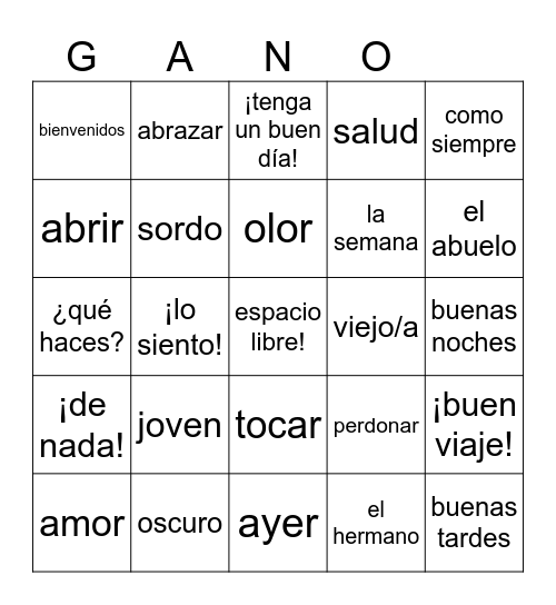 Spanish 1 Gano Bingo Card