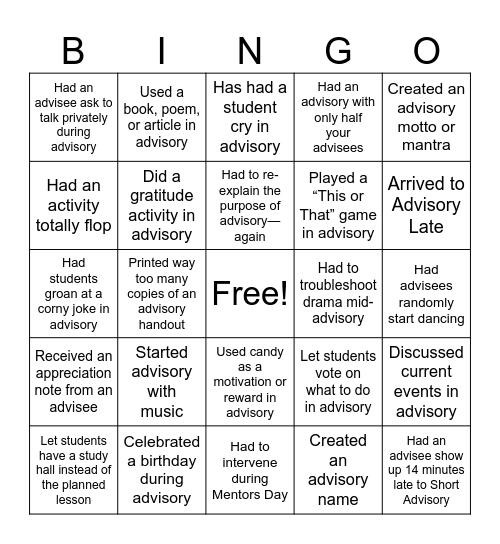 Advisory Bingo Card