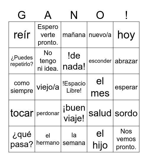 Spanish 1 Gano Bingo Card