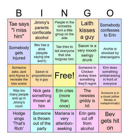 Newsies Afters Bingo Card
