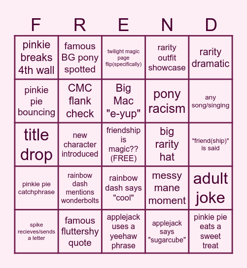 my little pony bingo Card