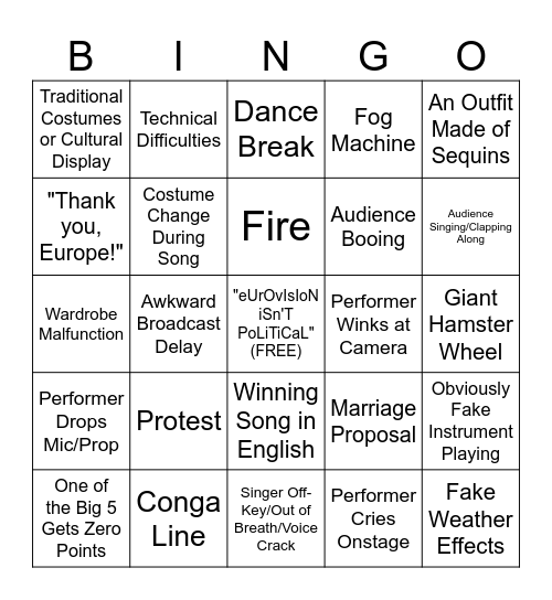 Eurovision 2025 Bingo Card