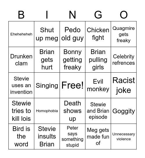 Family guy Bingo Card