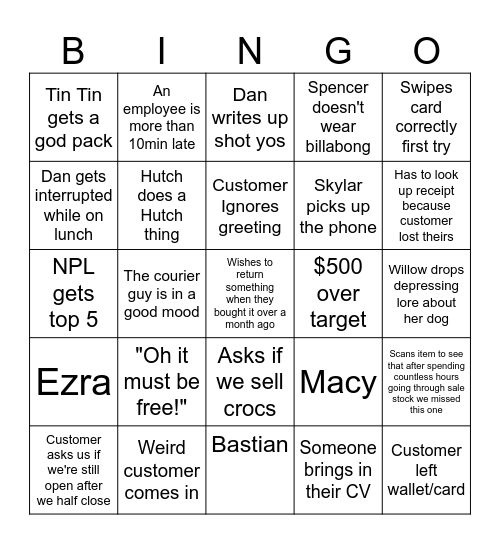 Retail Bingo Card
