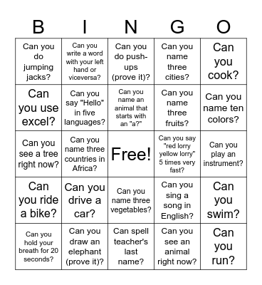 Can/can't Bingo Card