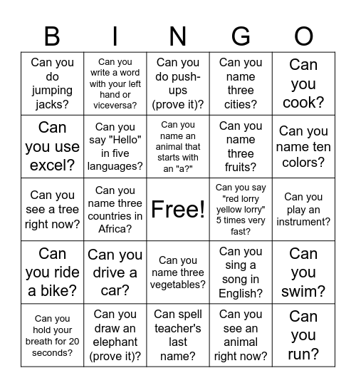 Can/can't Bingo Card