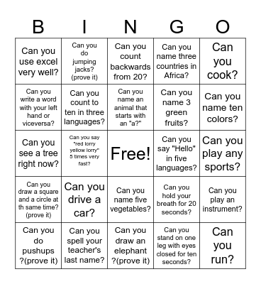 Can/can't Bingo Card