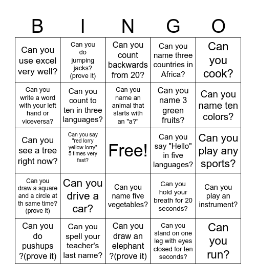 Can/can't Bingo Card