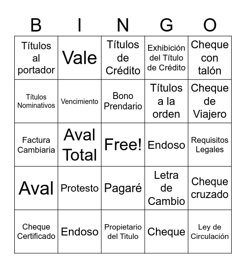 Títulos de Crédito Bingo Card
