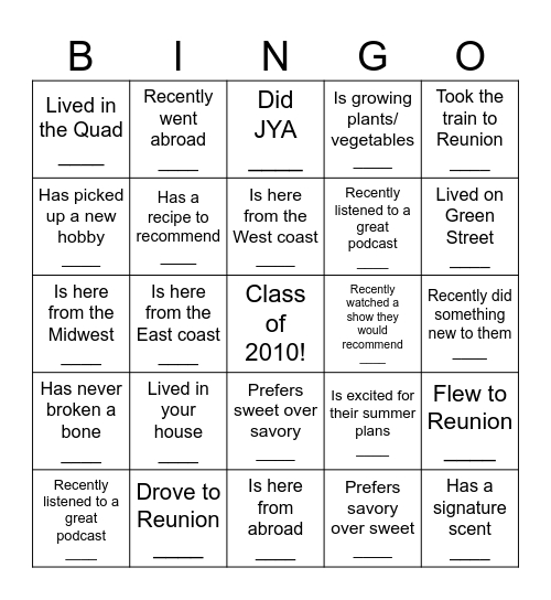 Class of 2010 Bingo Card