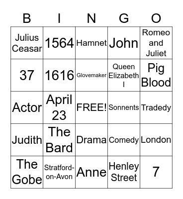 Shakespeare Bingo Card