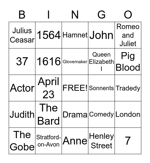 Shakespeare Bingo Card