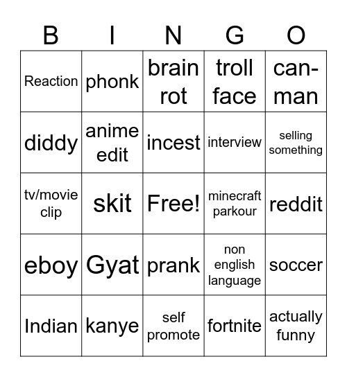 YT shorts Bingo Card