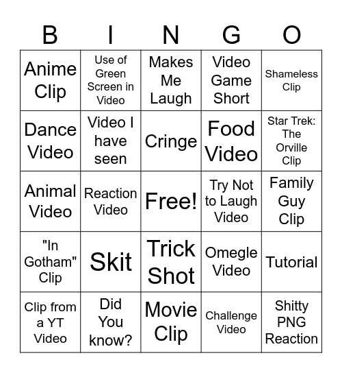 YT Shorts Bingo Card