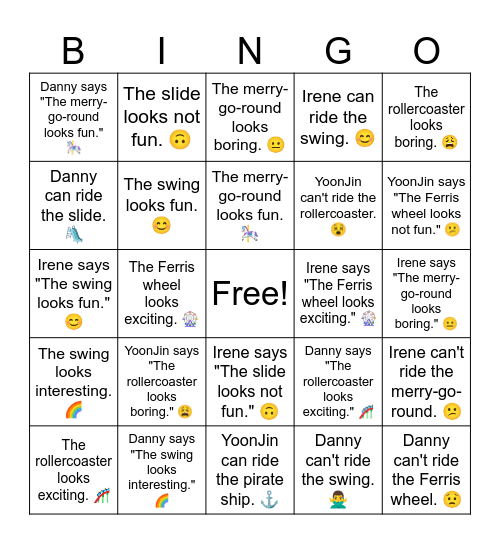 Irene can ride the swing. 😊 Bingo Card