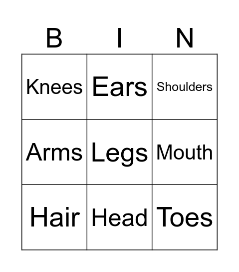 Body Parts Bingo Card