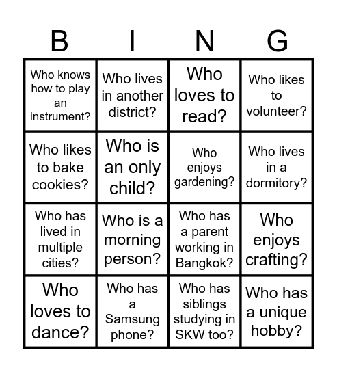 MINGLE (find someone) Bingo Card