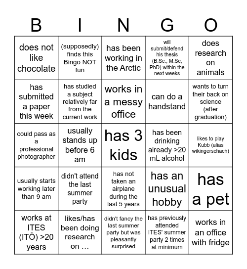 ITES Summer Party 2025 Bingo Card