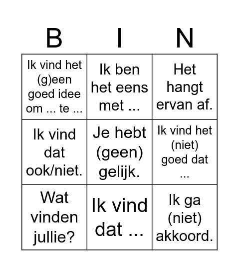 Je mening geven Bingo Card