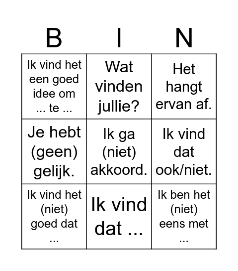 Je mening geven Bingo Card